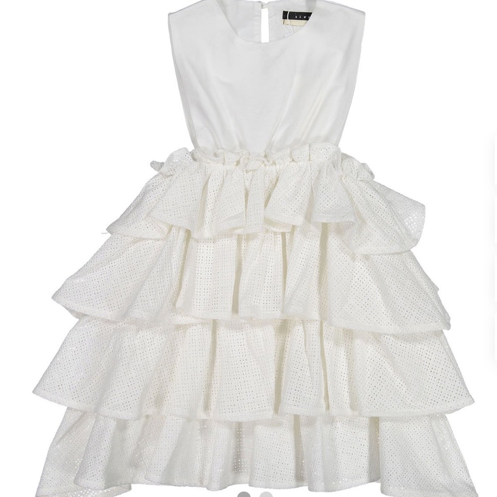 Rowe ivory tiered ruffle dress beautiful fabric pearl button closure at back